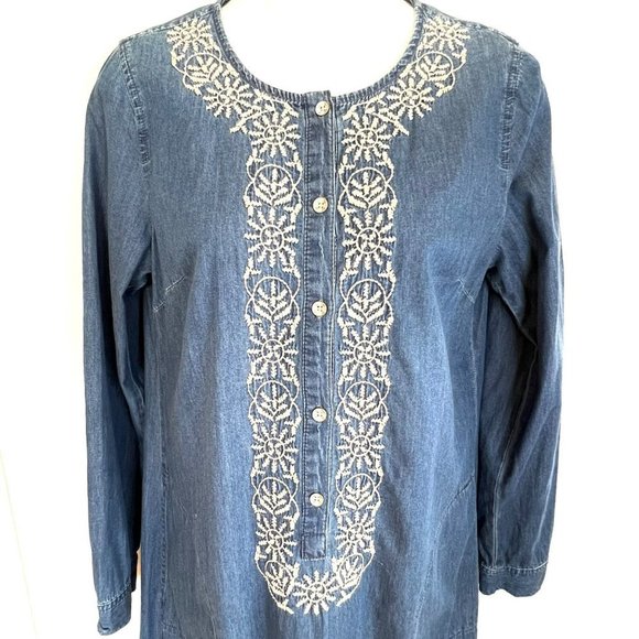 J.JILL CHAMBRAY BLUE SHIRT DRESS EMBROIDERED DETAILS SIZE XS - Picture 8 of 10